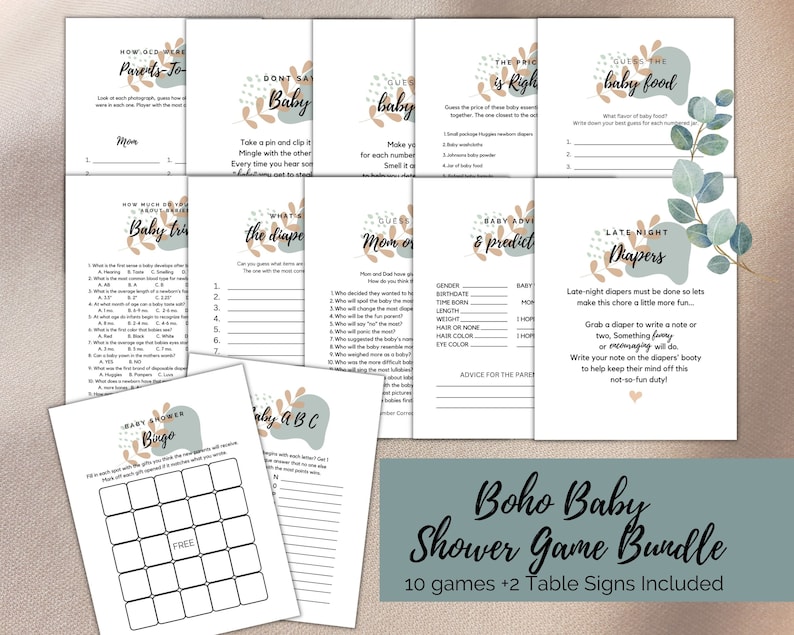 Printable Gender Neutral Baby Shower Games Bundle - Boho Theme ...