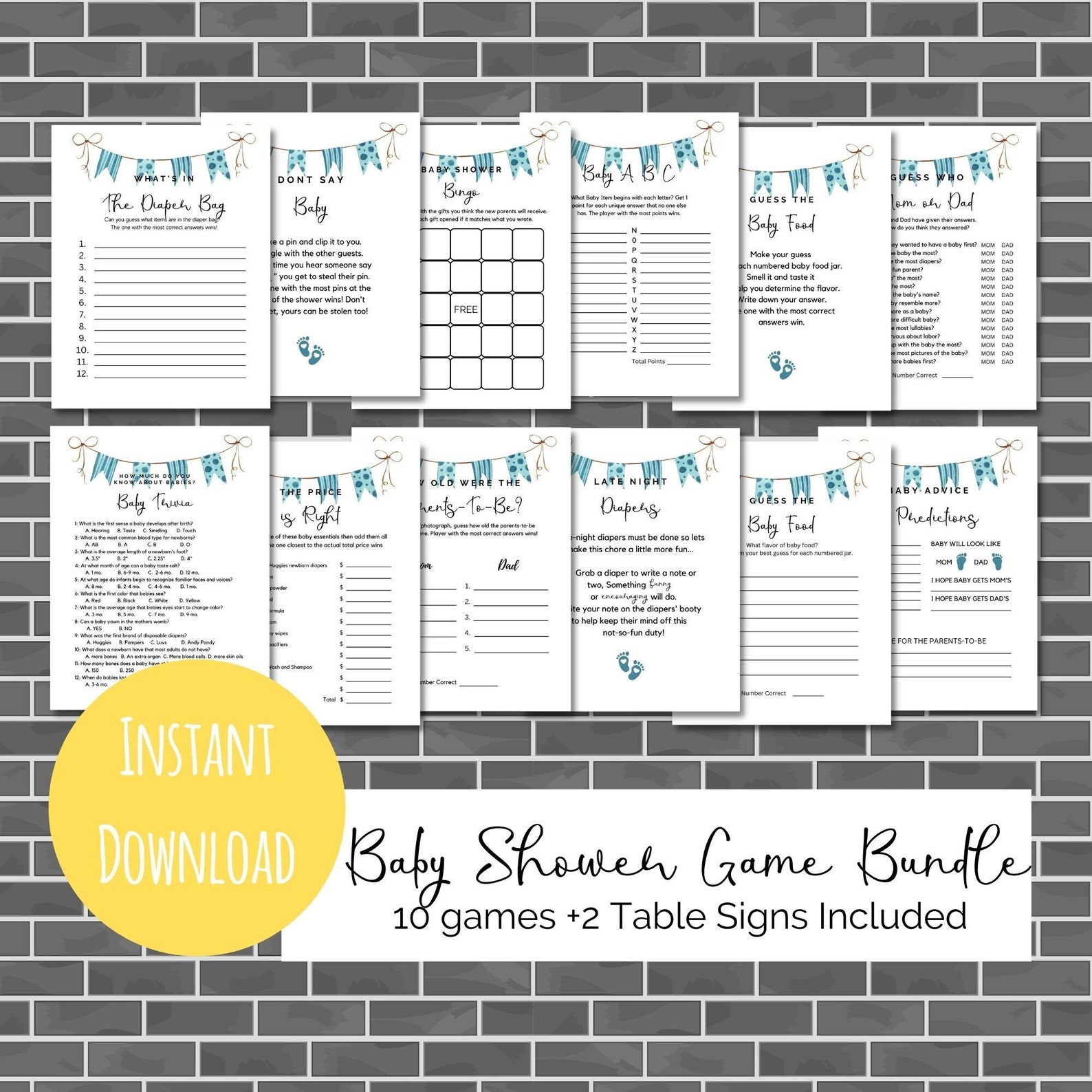 Printable Baby Shower Game Bundle Download and Print Baby Shower Games Baby Boy Shower Theme