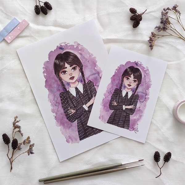 Wednesday Addams art print | Fan art wall art | A5 illustration | Cute A6 print | Watercolor postcard | Merlina Addams | Miércoles