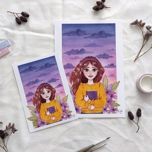Mädchen genießt den Sonnenuntergang Druck | Frauen Blumen Kunstdruck | Frühling A5 Druck | Niedliche A6 Aquarell Postkarte | Wandkunst | Schöner Blumen Druck