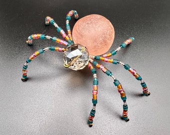 Beaded Spider Ornament: Blush Recycled Glass, Crystal Head