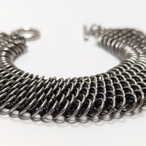 Dragonscale chain maille bracelet, silver and black