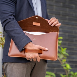 Handmade Vegetable Tanned Leather MacBook Sleeve: Geneva Brown, Velvet Lining Padding