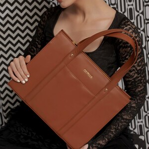 Handmade Tan Leather Tote Bag: 16&quot; Laptop, Zippered Handbag