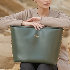 Elegant Leather Tote For Women, Leather Shoulder Tote, Handmade Green Tote with Shoulder Strap, Detachable Purse, Laptop Tote Bag,TravelTote