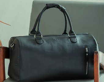 Black Leather Duffle Bag, Textured Leather Weekender, Handmade Travel Holdall, Men's Overnight Bag, Gift for Him