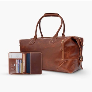 Bolso de lona de cuero personalizado hecho a mano, juego de bolsos de viaje de cuero para fin de semana, porta pasaporte marrón/tostado/negro, bolso de mano de cuero, billetera de viaje