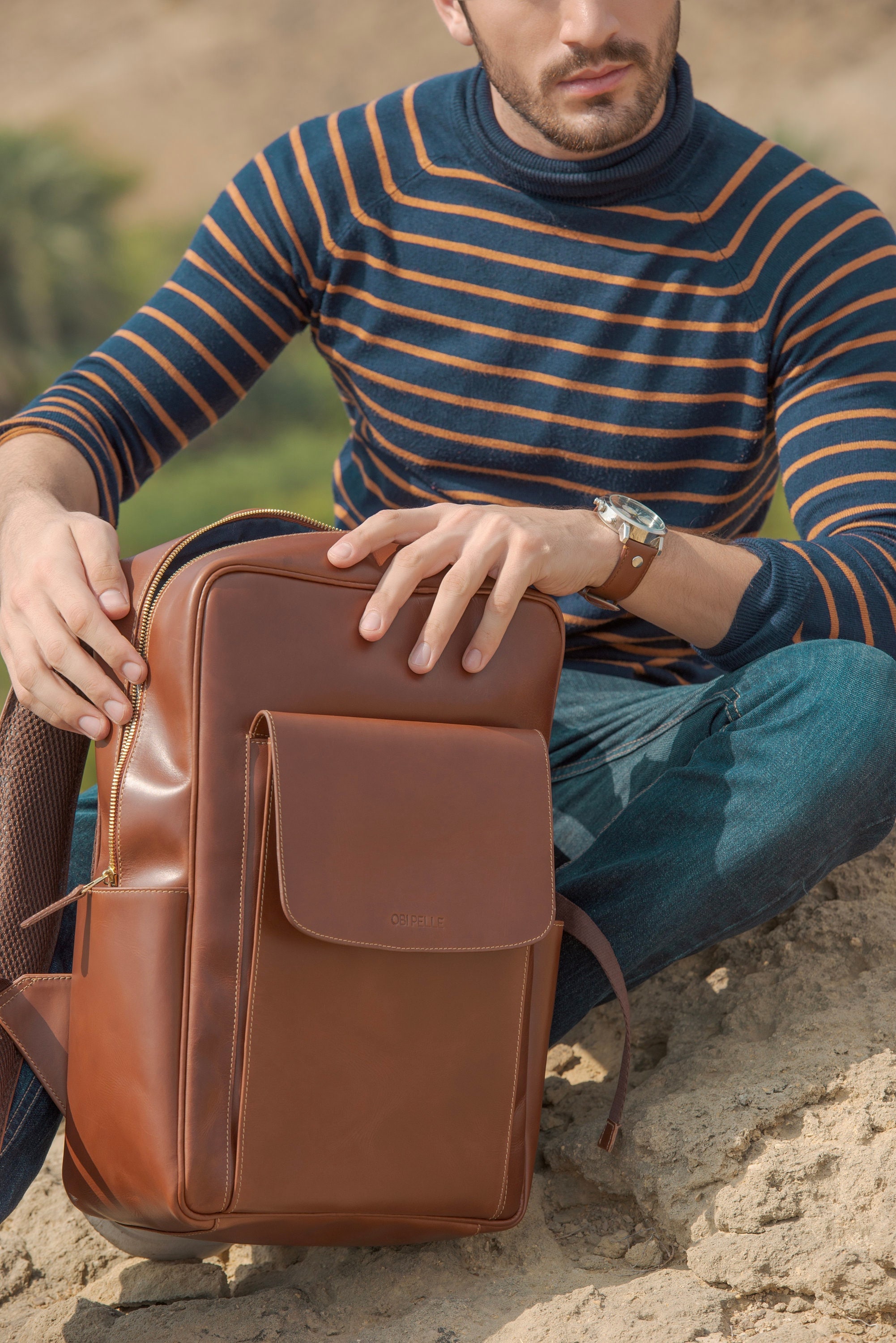 Handmade Vegetable Tanned Leather Backpack: Geneva Brown Travel