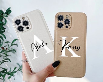 Personalized Name and Letter Leather Phone Case for iPhone 15 14 13 11 12 Pro Max XS XR 7 8 Plus