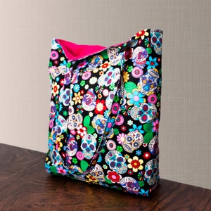 Hand Made Tote Bag featuring a beautiful and colourful Floral Skull Pattern