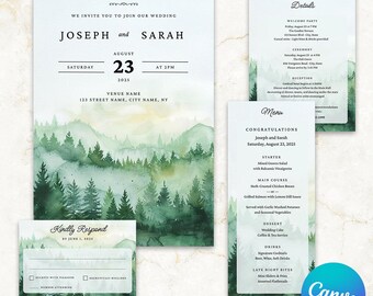 Editable Forest Wedding Invitation Suite | Minimalist Watercolor Greenery | Canva Template