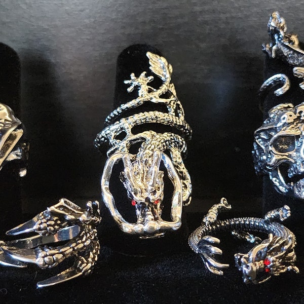 Rocker-Witch Rings. Crow Skull, Dragon Claw, Red Eye Big Dragon, Lizard, Small Red Eye Dragon, and Demon Skull