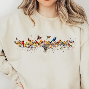 Tree Birds Crewneck Sweatshirt Gift for Outdoor Nature Lovers Minimalist Sprig Summer Birds Nerd Shirt Hoodie for Women Men Pullover Present