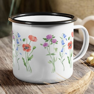 Vintage Pressed Wildflowers Gift Floral Enamel Coffee Mug Camping Cup Botanical mug 12 Oz for flower lovers campers