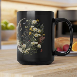 Floral Moon butterfly Mug, Boho Botanical Black Cup 15 or 11Oz Mystical wildflowers Cottagecore Aesthetic nature Lover Tea Mug Gift For Her