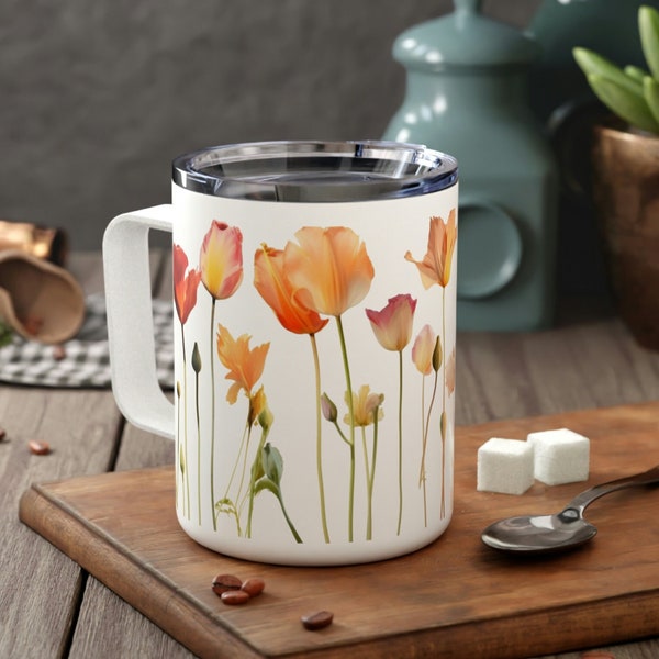 Insulated Flower Coffee mug 10 oz with lid Vintage Pressed Orange Floral Tulip Travel Cup Botanical Summer Gift for Nature lover campers