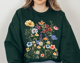 Wildflower Sweatshirt Vintage Pressed Flowers Sweatshirt Botanical Floral Pullover Gift for women Watercolor Nature Cottagecore Lover Gift
