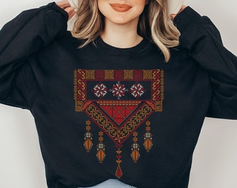 Arabska Palestyńska Damska Bluza Czarna Czerwona Damska Koszula Bluza z okrągłym dekoltem Prezent Dla Mamy Autentyczny Arabski Tradycyjny Wzór Sweter