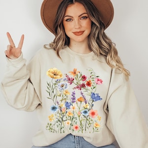 Vintage geperste bloemen Sweatshirt Boho Cottagecore Pastel Botanische Bloemen Pullover Fairycore Wildflowers Crewneck Sweater Cadeau voor vrouwen