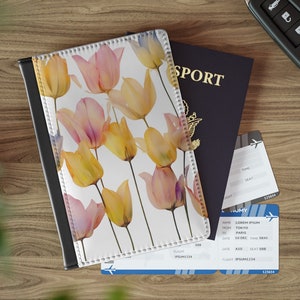 Porta-passaporte de couro tulipa flor vintage capa de passaporte carteira de viagem titular do cartão de vacina floral natureza amante viajante presente