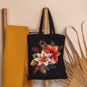Birth Flower Black Tote Bag December Month Poinsettia Birthday Gift for Mom Grandma Sister Wife Large Shopping Bag Wedding favors Bachelotte