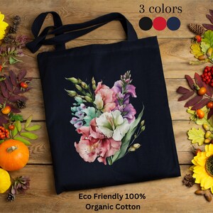 Birth Flower Black Tote Bag August Month Gladiolus Gift for Mom Grandma Sister Wife Organic Cotton Eco Friendly Wedding favors Bachelorette