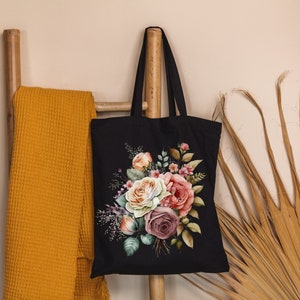 Birth Flower Black Tote Bag Gift June Month Rose for Mom Grandma Sister Wife Aunt Large Shopping Bag Wedding favors Bachelorette Baby Shower