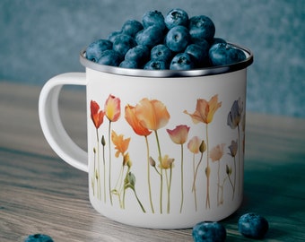 Wildflower Enamel Camping Mug 12 oz Botanical Flower Mug Gift for Cottagecore Campers Nature Flower Cottage Lovers Boho Tulip Floral Cup
