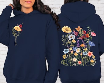 Wildflowers Hoodie Front and Back Print vintage pressed Flower Watercolor Boho Wildflowers Hoodie  Flowers Hooded Sweatshirt for women