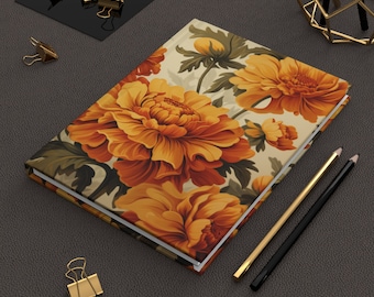 Marigold  Birth Flower Manifestation Journal Gift for Her Mom Hardcover Notebook October Month Birthday Vintage Whimsical Botanical Asthetic
