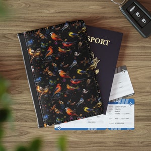Porta-passaporte de couro pássaros e flores silvestres capa de passaporte carteira de viagem titular do cartão de vacina pássaros flor natureza amante viajante presente