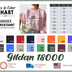Peut inclure: Tableau des tailles de sweat-shirt unisexe avec des mesures en pouces. Le tableau indique les mesures de la poitrine et de la longueur pour les tailles S &agrave; 5XL. Le tableau comprend &eacute;galement un tableau des couleurs avec 14 options de couleurs diff&eacute;rentes.