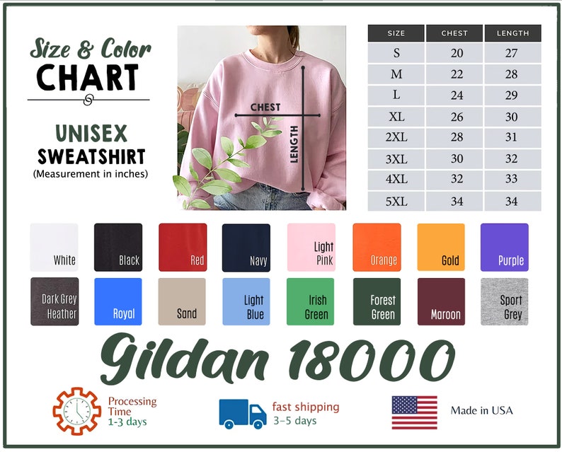 Peut inclure: Tableau des tailles de sweat-shirt unisexe avec des mesures en pouces. Le tableau indique les mesures de la poitrine et de la longueur pour les tailles S &agrave; 5XL. Le tableau comprend &eacute;galement un tableau des couleurs avec 14 options de couleurs diff&eacute;rentes.
