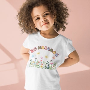 Eid Mubarak Gils Shirt Gift Boho Wildflower  t-shirt for Muslim kids Arabic Calligraphy Happy Eid Tee
