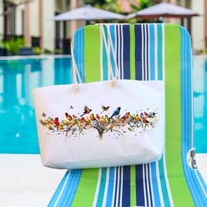 Weekender Oversized Tote Flower and Birds Bag, Botanical Beach Bag, Shoulder Shopping Minimalist Bag, Gift for Her
