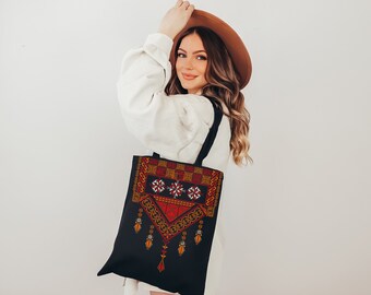 Sac fourre-tout authentique rouge noir design arabe palestinien cadeau moyen-oriental dames cadeau pour maman fille femme soeur tante grand-mère