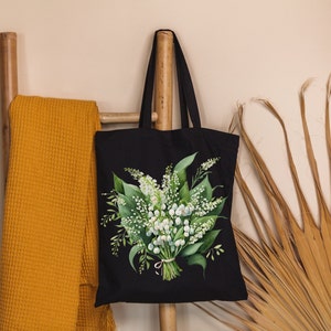 Birth Flower Black Tote Bag May Month Lily  Birthday Gift for Mom Grandma Sister Wife Large Shopping Bag Wedding Favors Bachelorette Party