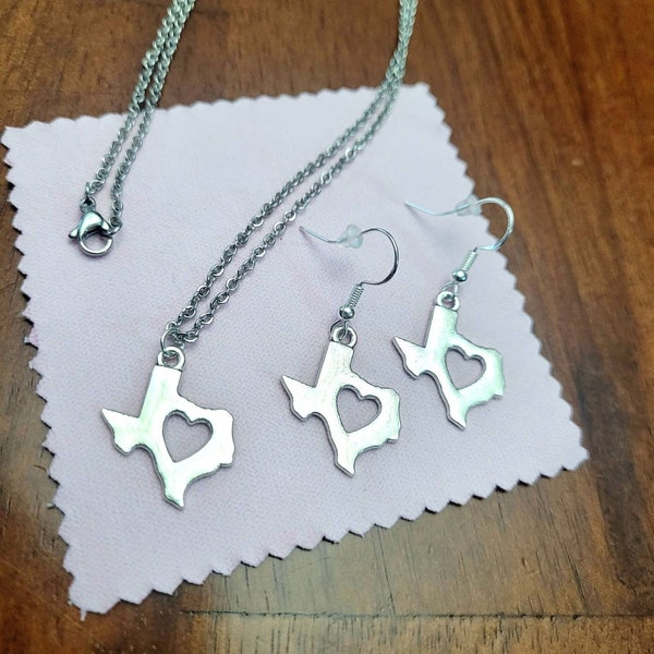 Texas Heart Necklace & Earrings - together or separate; texas state with heart; I love texas