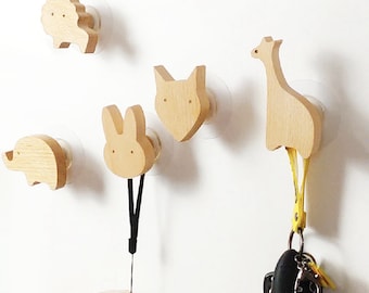 Cute Animal Wood Wall Hooks - Land Animals - Decorative Wall Hanging Hooks, Wall Mounted or Nail Free, Farmhouse Kids Decor