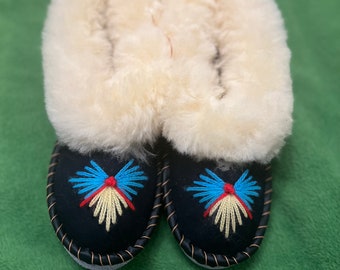 Woolfield Embroidered Sheepskin Slippers OUTLET Moccasins Regional Shoes Handmade Vintage Gift Merino Wool The Best Slippers Ecological Wool