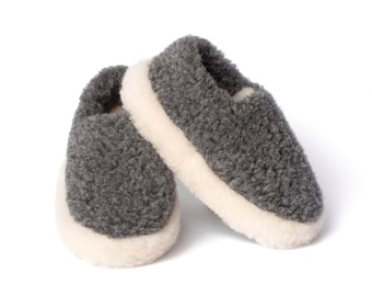 Pantoufles sibériennes GRAPHITE Wolle made in eu Eco Pantoufles en laine mérinos pure laine de mouton pour femmes/hommes/chaussons en peau de mouton - Daim antidérapant