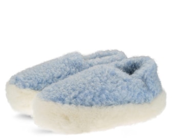 SIBERIAN SLIPPERS BLUE Wolle made in eu Eco Damen / Herren Merino Reine Schafwolle Hausschuhe / Schaffell Hausschuhe - Rutschfeste Wildleder