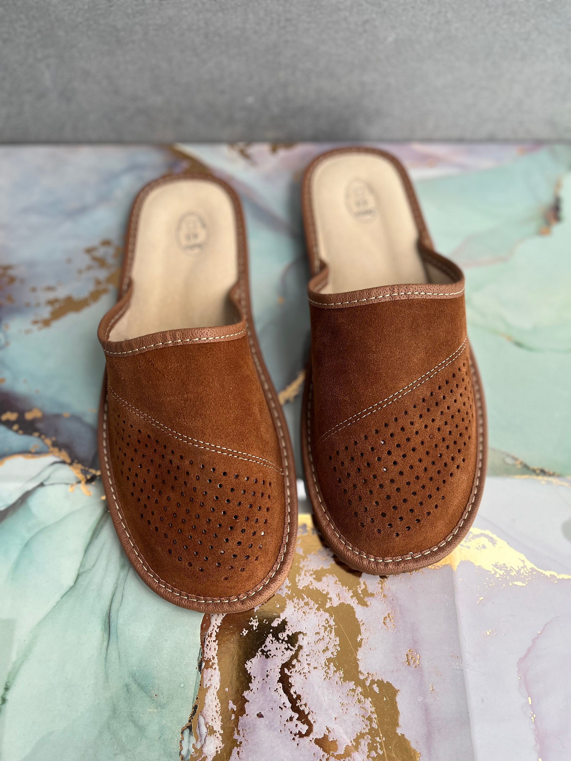 Mens Bedroom Slippers, Full Grain Brown Handmade Leather House Slippers, Sheepskin Leather