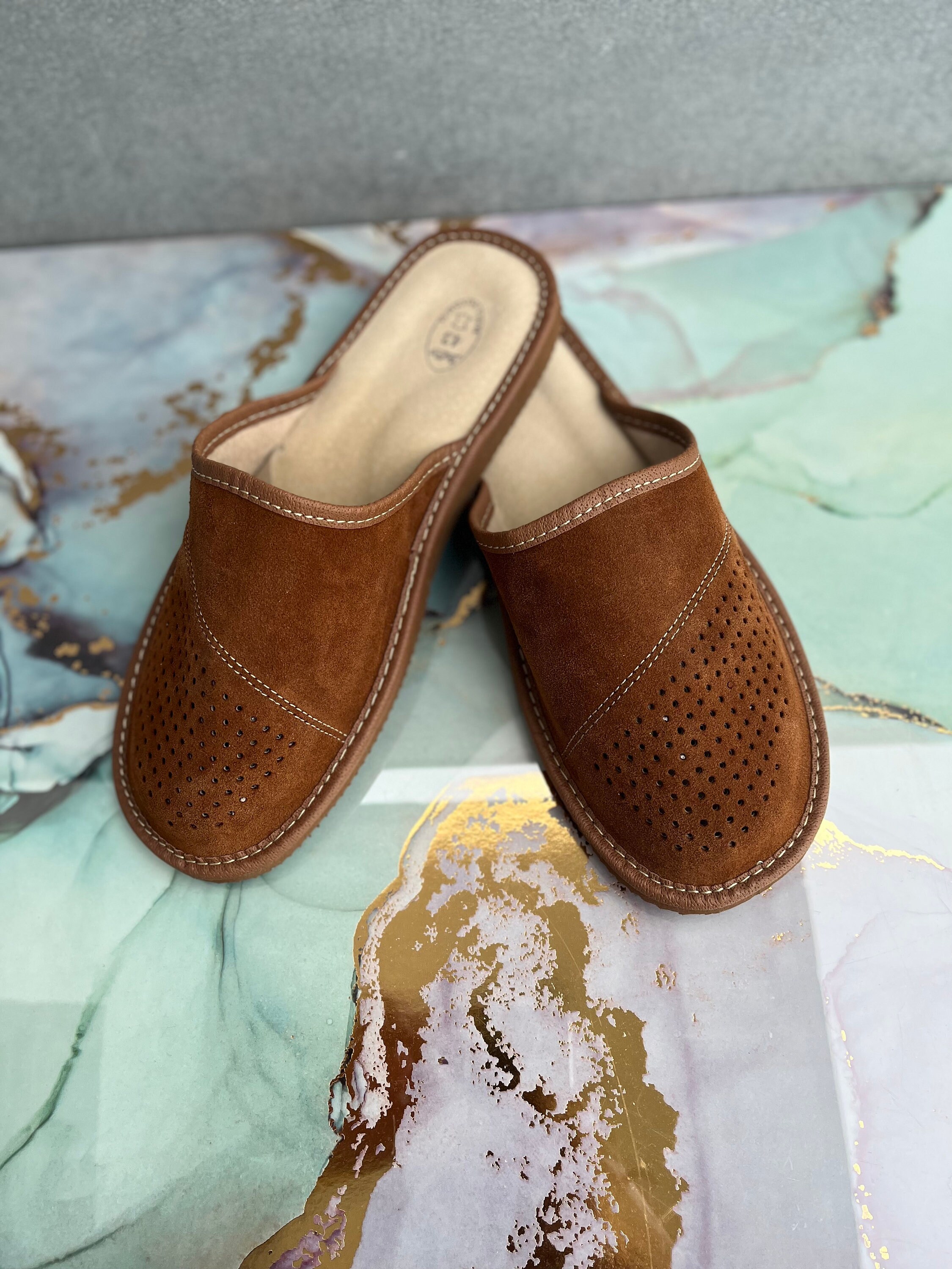 Mens Bedroom Slippers, Full Grain Brown Handmade Leather House Slippers