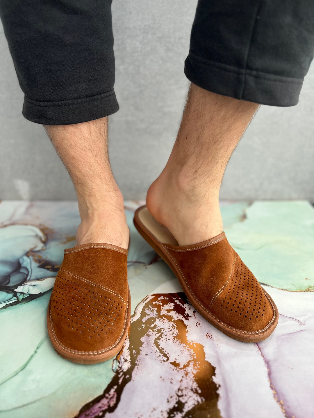 Mens Bedroom Slippers, Full Grain Brown Handmade Leather House Slippers