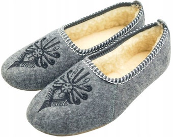 Pansy Felt Embroidered Ballerina Slippers Grey Wool Ballerina Slippers