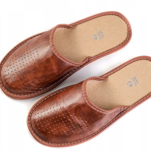 Men's house leather slippers , Bedroom soft scuff mule slip-on clogs Handmade in Poland,Mens leather sandals, open toe wide width house slip