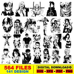 Op de afbeelding: Een digitale download grafisch ontwerpbestand met 141 anime-stijl karakterontwerpen in zwart en wit. De afbeelding bevat verschillende karakters, met de tekst "564 FILES" en "DIGITAL DOWNLOAD" in een geel en wit banner.