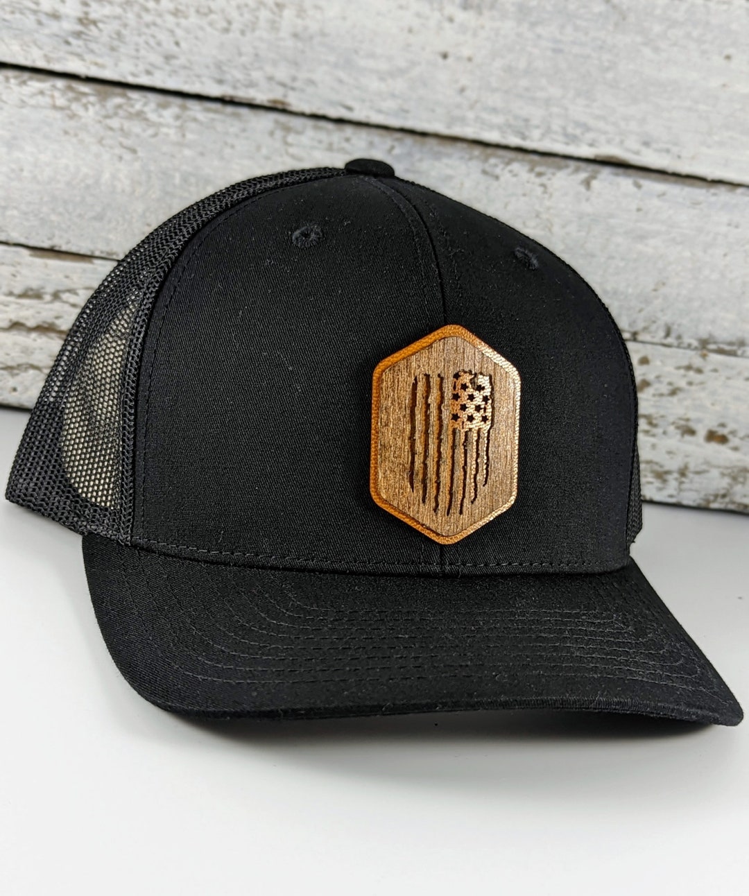 Tattered American Flag Wood Patch Hat: Leather Inlay Snapback - Etsy