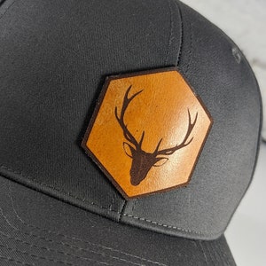Hexagon Deer Head Leather Patch Hat, Best Selling Hats, Mans hat, Unique Hats for Men, Womans Hat, Unique Hats for Women, Unique Hats